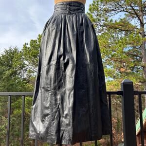 Vintage 80s Black Leather Cinched High Waist Full Midi Skirt + Pockets S M